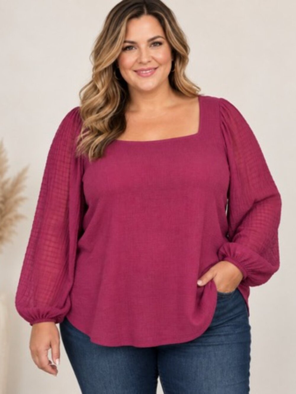 NWT Ava & Viv Magenta Square Neck Puff Sleeve Blouse Plus